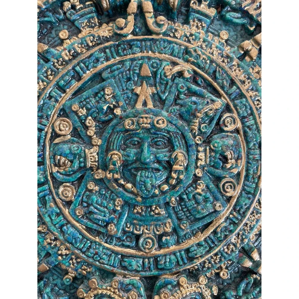 Vintage Aztec Sun Stone Calendar Wall Plaque Turquoise Gold Mayan Decor 7.5 Inch